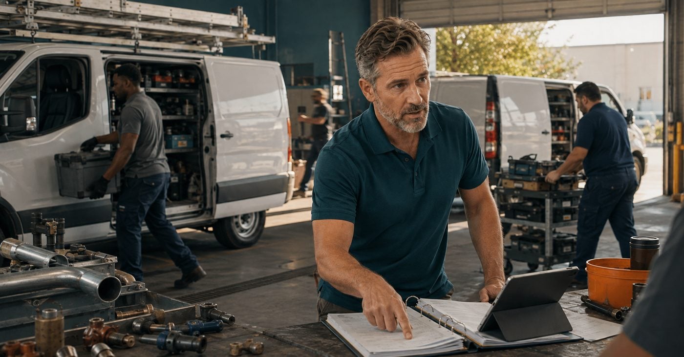 An owner in his shop bay with a binder and a tablet, vans loaded and technicians working behind him.