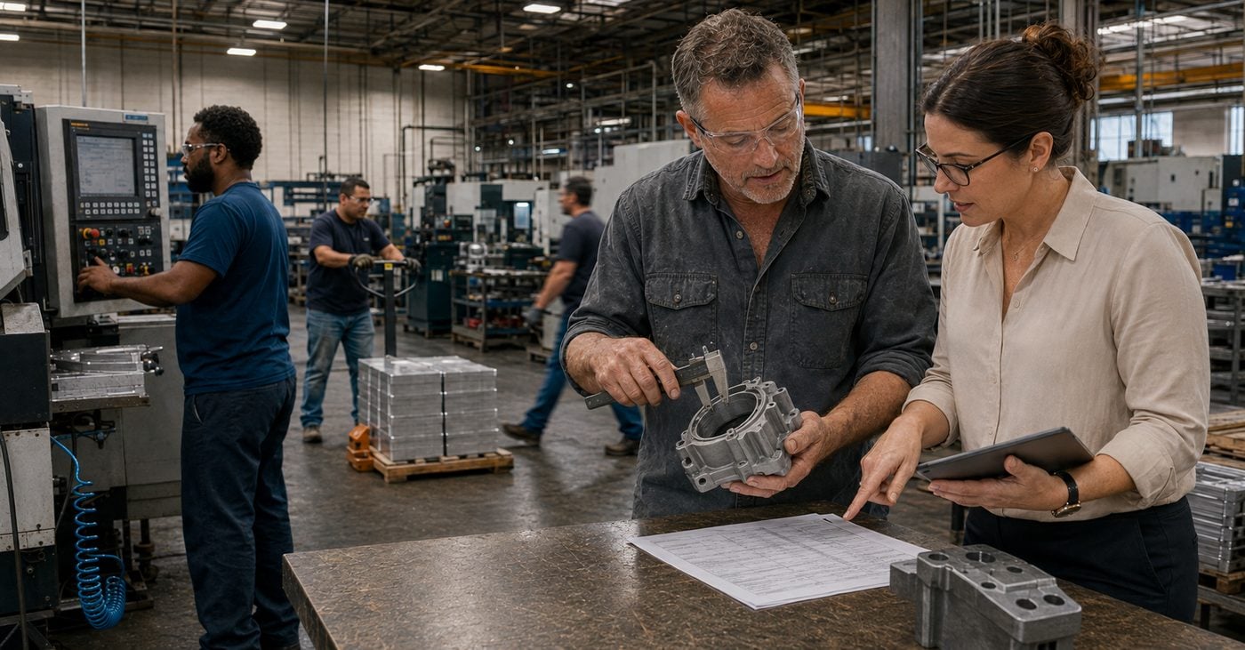 A machinist and a finance lead on the shop floor, examining a casting against a costing sheet.