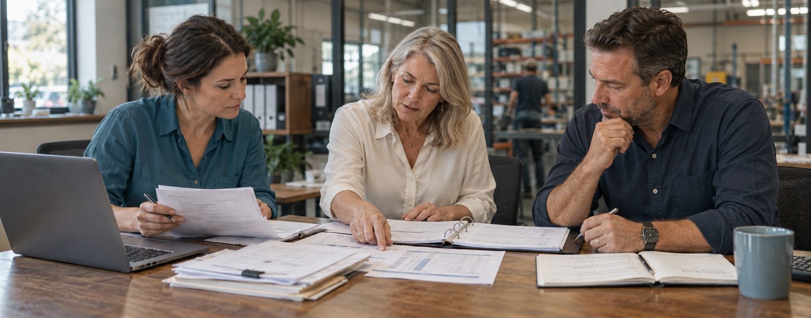 Three people reviewing financial reports and a binder of statements at a table, with a warehouse floor behind them.